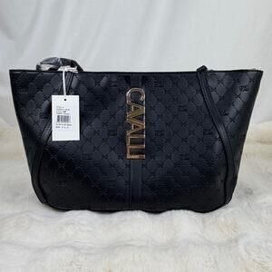 Cavalli Class Sandra Shopper Tote Black Deboss Logo Purse NWT Y2K Chic Glam Bag